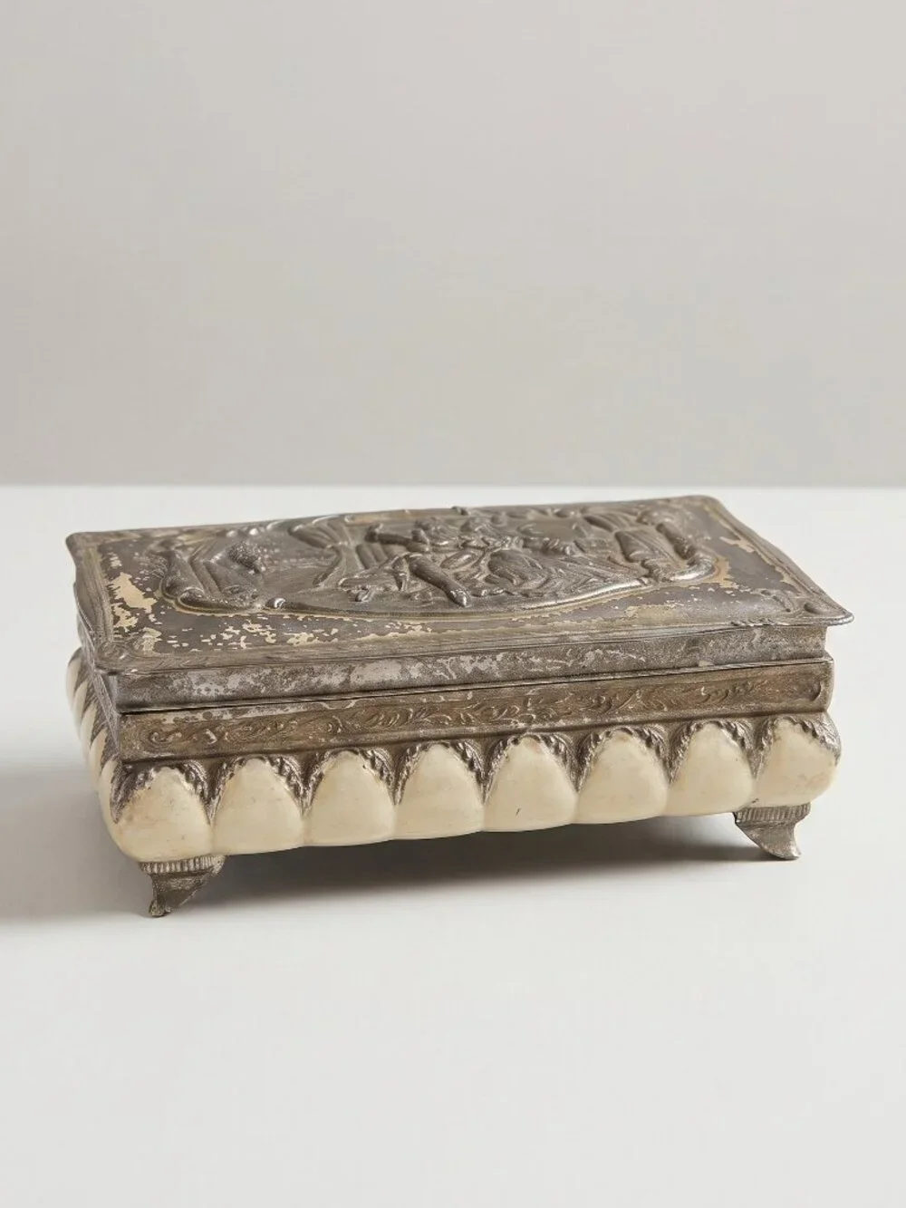 Vintage Japan Footed Silver Tone Colonial Scene Red Lined Jewelry Trinket Box